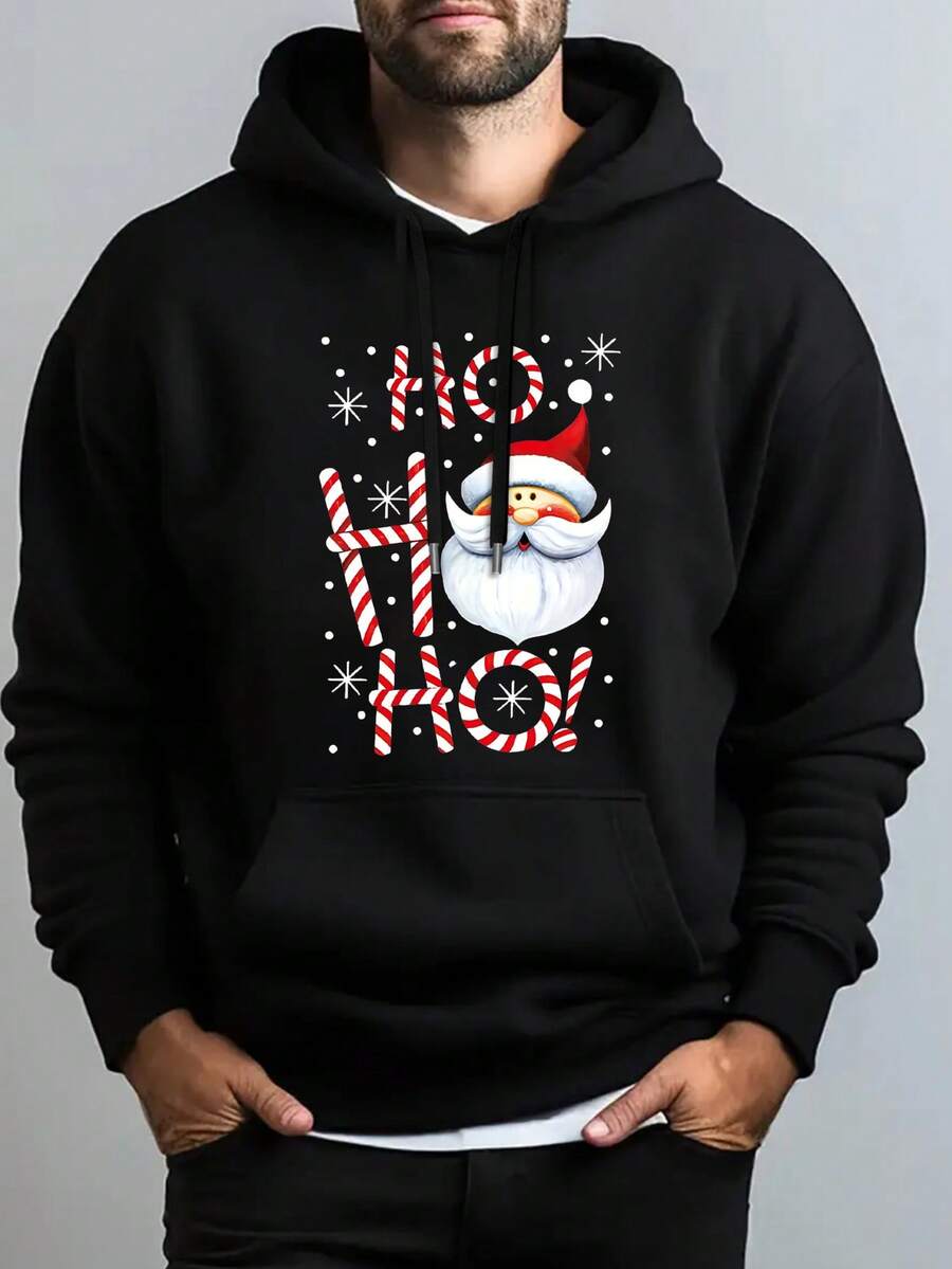 Nuevo suéter con capucha para hombres Navidad Papá Noel patrón sudadera de moda sudadera casual otoño - invierno chaqueta para hombres - Negro - Ver 1