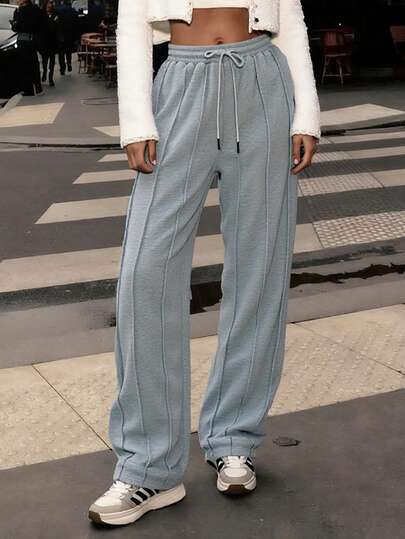 Light Grey Drawstring Wide Leg Pants, Casual Street Daily Sports & Work Out Trousers For Women