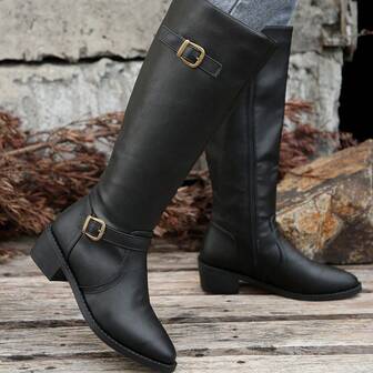 Women's Fashion Casual High Heel Chunky Heel Pointed Toe Knee-High Boots With Inside Zipper, Comfortable Riding Boots