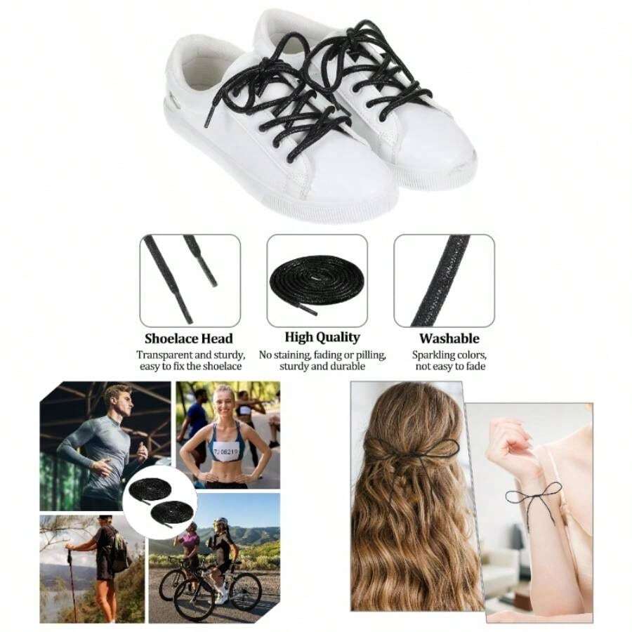 2 Pairs Glitter Sparkly Shoe Laces Sneakers 5mm Wide Round Black Metallic Sparkly Shoelace Sparkling 47 Inch 120cm Bling Glitter Shoe Strings Shinny Shoestrings Adult - 最初的 - 查看 1