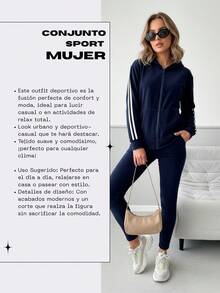 Conjunto de pants deportivo y casual para mujer, colores lisos, con líneas verticales en los laterales, tela tipo terciopelo de poliéster y spandex, apto para temporadas de primavera, verano y otoño. pants sin bolsillos de ajuste regular con bota semi-entubada, talle de cintura natural. Sudadera deportiva, cuello redondo con capucha, silueta de ajuste regular, cierre con cremallera y bolsillos frontales tipo canguro funcionales. Muy fresco y cómodo, ideal para hacer deporte al aire libre, caminata en el parque o para ir al gimnasio. - Negro - Ver 5