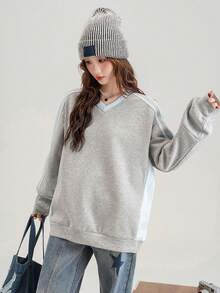 Stylish Patchwork Striped V-Neck Sweatshirt For Women, Casual Loose Pullover Top For Commuting, Autumn - 939 Gray and Blue - View 5