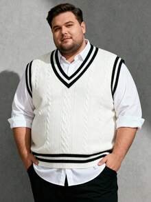 New Plus Size Men's Fashion Knit Vest, White V-Neck Sweater, Soft & Comfortable Knitwear, Casual Urban Commute Versatile, Autumn/Winter - White - View 1