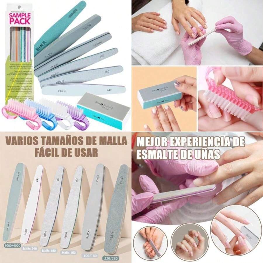 Kit 11pzs Limas para Uñas Profesional,Incluir 6 Limas de Uñas+ 4 Cepillo Limpiar+ 1 Bloque de Pulido,Reutilizables,Grit Edge 150/180/240,Flex 100/180, 220/280,Shiner 1000/4000,para Cuidado de Las Uñas(default) - Multicolor - Ver 1