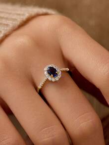 1pc Sterling S925 Silver Luxury Elegant Fashion Charming Sparking Geometric Oval Blue Zirconia Finger Ring For Women Lover Party Wedding Engagement Statement Jewelry Gift - Gold - View 3