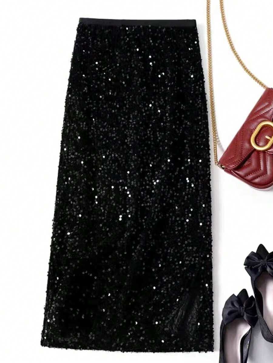 A Fitted Midi Skirt With Sequins And Lining. - Black - View 1