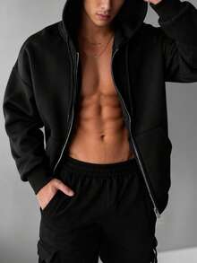 This Men's Hoodie Features A Zipper Design, A Closed Hem, And A Drawstring. It Has A Solid Color Design And A Long Sleeve Style. Suitable For Graduation Season, Collegiate/Street Style, And Can Also Be Paired With Autumn Hoodies. It Is An Ideal Choice For Autumn Wear. - Black - View 1