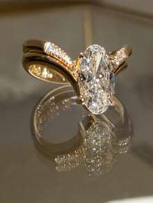 1pc 925 Sterling Silver Elegant Precise V-Shaped 4-Claw 3 Carat Oval Cubic Zirconia Ring, Women's Date Night Gift, Timeless Classic Ring, Luxury Jewelry Gift For Valentine's Day - Gold - View 4