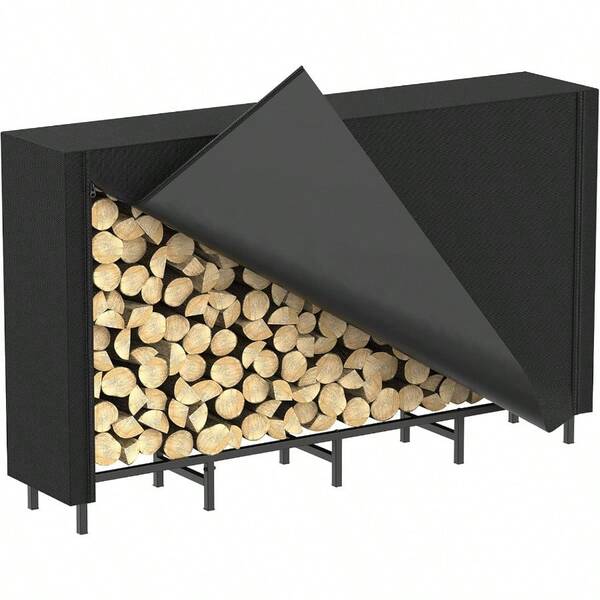 CADUKE Firewood Log Rack With Cover 5.3ft Outdoor Waterproof Storage Fireplace Holder For Fire Wood Indoors Adjustable Heavy Duty Rack Black 500D Oxford Fabric PVC Backing LTK170