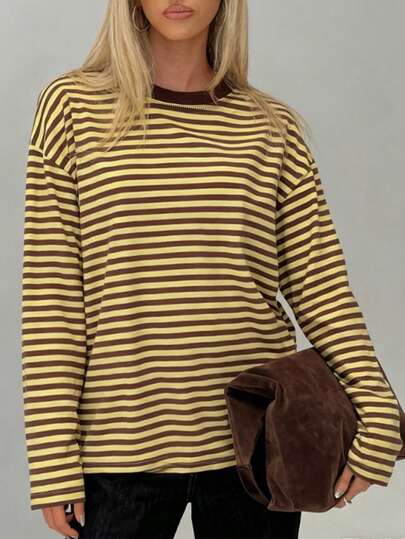 Women's Round Neck Drop Shoulder Long Sleeve Striped Contrast Ribbed Casual T-Shirt