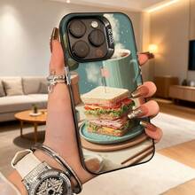 Cubierta de telefono con diseño de sándwich y taza de café color verde claro para uso diario en casa y oficina Aplicable a teléfonos Apple y Galaxy - Negro - Ver 4