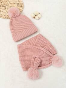 1 Set Kids Solid Color Thickened Knit Beanie Hat And Scarf, Unisex Autumn/Winter - Pom-pom Scarf + Solid Color Beanie - View 10