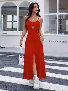 REF:AS1826 - Long Dress With Thin Straps And Front Slit: Elegance And Sensuality In The Same Look - Red - View 4