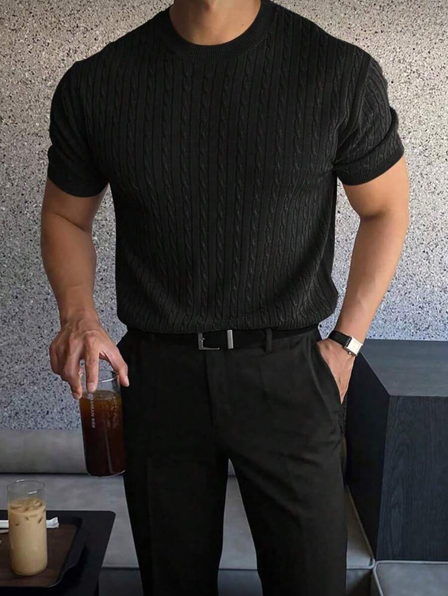Men's Casual Short-Sleeve Solid Color Knit Top - màu đen - Xem 1