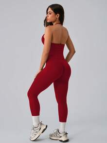 NcmRyu 1 Set Women's Solid Color Casual Minimalist Versatile Backless Shaping Jogging Tank Top And Pants Sports Suit - 紅色 - 查看 6