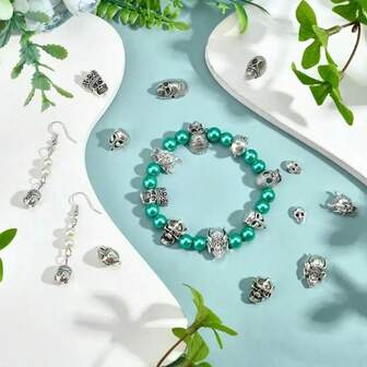 DIY锌合金首饰配件，银色骷髅头和珠子装饰手链制作材料