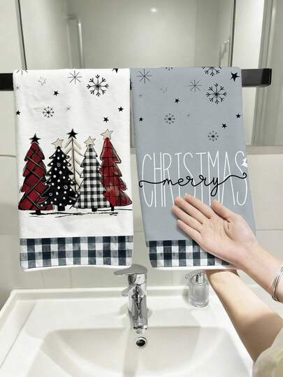 1 pieza/2 piezas Paños de cocina navideños, toallas de mano, paños de cocina, decoración de baño, juego de toallas de cocina con diseño de árbol de Navidad y copos de nieve, toallas de felpa navideñas, decoración navideña, decoración navideña para el hogar, accesorios de cocina, artículos de limpieza, artículos de cocina, organización de cocina