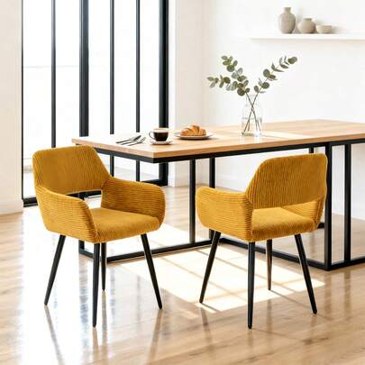 Meubles Cosy Conjunto de 2 cadeiras de jantar modernas em veludo cotelê com apoio de braços – Cadeiras de restaurante estofadas em amarelo, pés de metal, encosto aberto, assento confortável para sala de jantar, café ou bistrô.