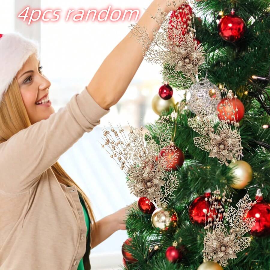 4pcs Champagne Artificial Glitter Berry Flowers Stem Branches Picks For Tree Decoration Gift Small Vase Home Holiday Wedding Party Decor - Multicolor - View 1