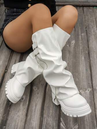 2025 New Uniform Boots For Women, Leather Upper Round Toe Chunky Heel Waterproof Platform Knee-High Boots, Suitable For All Seasons, Pleated Shaft Design With Side Zipper And Buckle, Fashionable White Ladies Tall Boots, Run Small By One Size