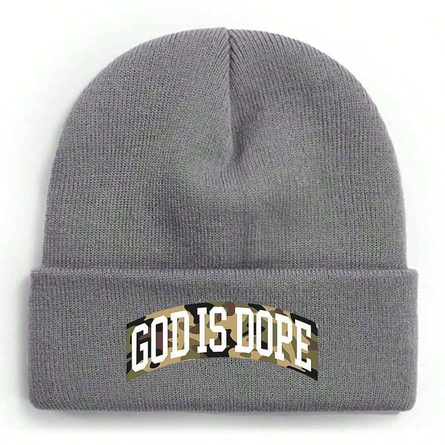 Camouflage Text 'GOD IS DOPE' On Curved Background Winter Beanie For Men Women Soft Warm Knit Hat Ski Stocking Cuffed Cap - Xám - Xem 1