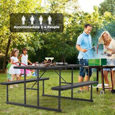 Picnic Table Bench Set For 2-4 People, Outdoor Rectangular Camping Dining Table &Amp; 2 Benches W/Umbrella Hole, All-W...