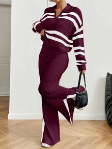 Joy Knit Women Striped Collared V-Neck Pullover Sweater & Wide Leg Pants Knit 2-Piece Set, Early Spring/Autumn/Winter - Purple - View 6