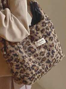 女士豹纹仿毛皮斜挎包，时尚毛绒单肩手提包，多功能大容量手提包，适合通勤，秋冬季 - 棕色 - 查看 5