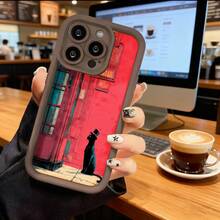 Cubierta de telefono para iPhone con borde negro diseño de gato con sombrero en fachada roja estilo urbano elegante para uso diario y trabajo - Burdeos - Ver 5