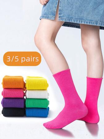 3/5 pares de calcetines para niños, calcetines de estilo deportivo y escolar de colores brillantes, colores de caramelo, adecuados para niños y niñas de 3 a 12 años, otoño/invierno