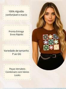 Kit 3 Blusas Femininas 100% Algodão Estampadas – Girassol, Margarida e Corações Moda Casual P M G GG - SORTIDAS - Visão 4