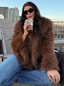 HH Faux Fur Jacket For Women Elegant Solid Lapel Long Sleeve Coat Casual Loose Female Winter Oversize Lady Chic Streetwear Jakcets - 紫紅色 - 查看 4