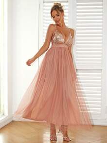 Women's Sequin Contrast Mesh Slip Dress Party Elegant - Champagne - View 3