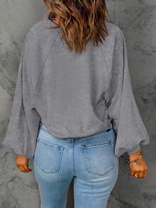 Plus Size Women's Solid Color Button Lantern Sleeve T-Shirt - Dark Grey - View 2