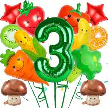 Conjunto de 32" de globos de aluminio con forma de frutas y verduras que incluye diseños de champiñón, zanahoria, brócoli, tomate, fresa, maíz, plátano, con números verdes del 1 al 9, adecuado para decoración de fiesta de cumpleaños, decoración del hogar - Multicolor - Ver 5