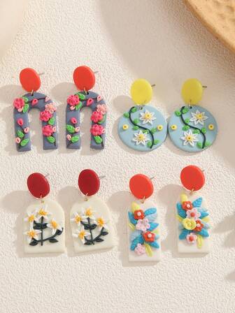 Handmade Polymer Clay Floral Earrings Set Cute Statement Dangle Drops Lightweight Boho Aesthetic Hot Pick Round Daisy Discs Arch Garden U Shape Rectangle Bouquet Rounded Plaque Styles Pastel Colorful For Women Girls Spring Summer Vacation Party Daily Gift