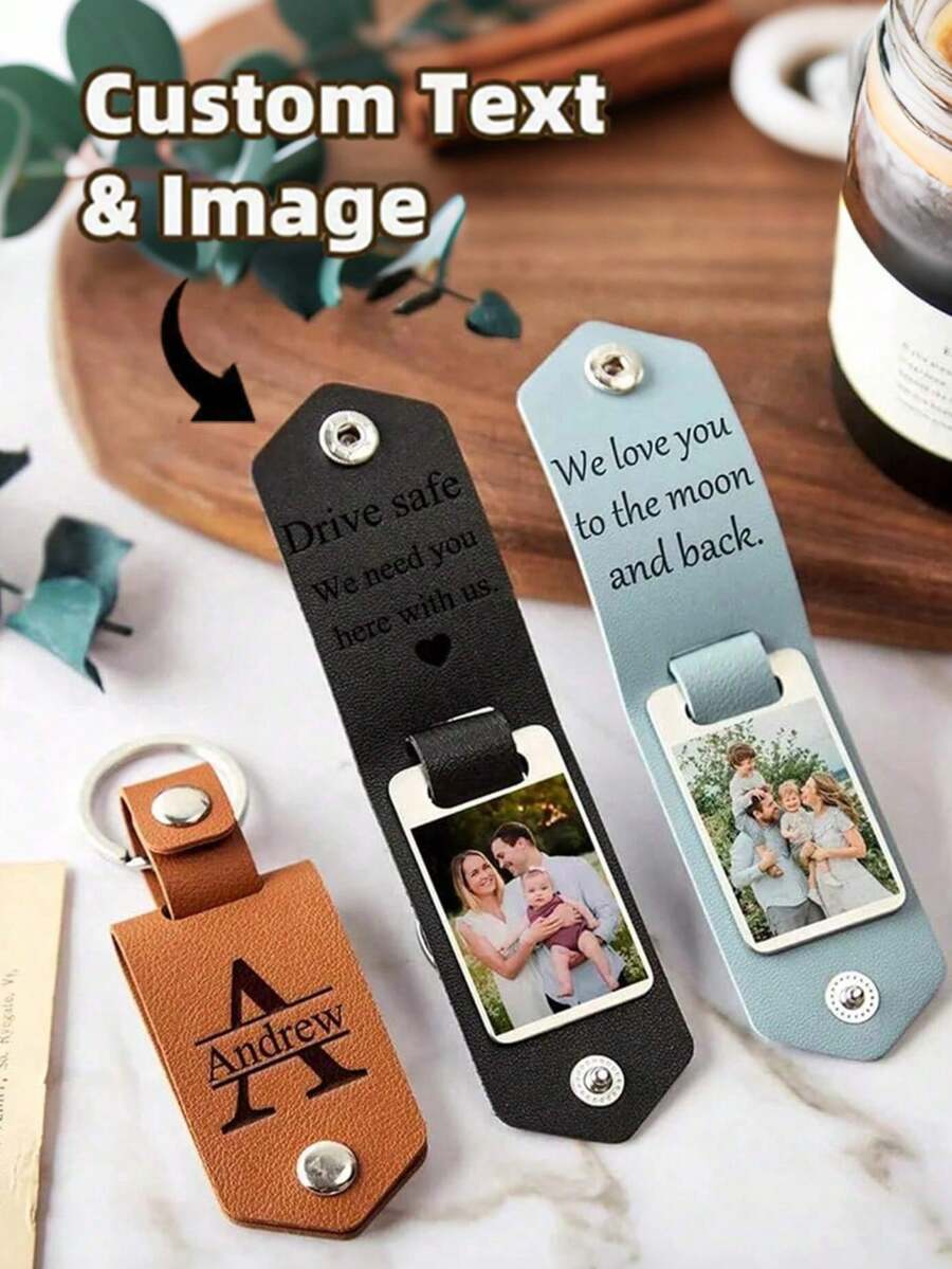 Personalised Photo Keyring In Leather Case + Initials, Photo Printing Personalized Pattern Logo Pendant, Valentine's Day Gifts, Father's Day Keepsake, Gift For New Dad - Multicolor - View 1