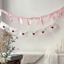 1件情人节心形留言横幅，带蝴蝶结、毛毡信封花环、心形吊坠，新娘送礼会婚礼装饰横幅背景，柔和抹茶色丝绸染色乡村风派对用品 - 彩色 - 查看 3