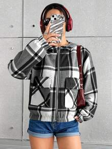 Chaqueta de mujer a cuadros con capucha, hombros caídos, cremallera, forro cálido, corte regular, manga larga, poliéster, bolsillos, estilo elegante e informal. - Negro - Ver 3