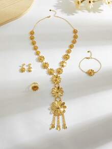 Bộ trang sức cổ điển mạ vàng 18K sang trọng dành cho nữ, thiết kế vuông thanh lịch gồm dây chuyền, bông tai, vòng tay và nhẫn, phù hợp cho Nigeria, Dubai, Trung Đông, Ả Rập Xê Út, quà cưới, quà tặng hàng ngày, quà kỷ niệm, quà Halloween. - PSJT-326 - Xem 5