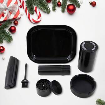 Juego de regalo negro, incluye: Bandeja de 18 cm * 14 cm, Frasco de almacenamiento al vacío, Cenicero, Máquina de liar grande, Molinillo de 50 mm, Cepillo pequeño, Pipa 2 en 1, Juego de accesorios para fumar, adecuado como regalo de Navidad o cumpleaños