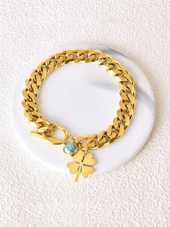 1pc Women's Bracelet - Fashionable Luxury Stainless Steel Rhinestone Ginkgo Leaf & Turquoise OT Clasp Bracelet - For Daily Wear, Party, Gift For Sisters, Valentine's Day