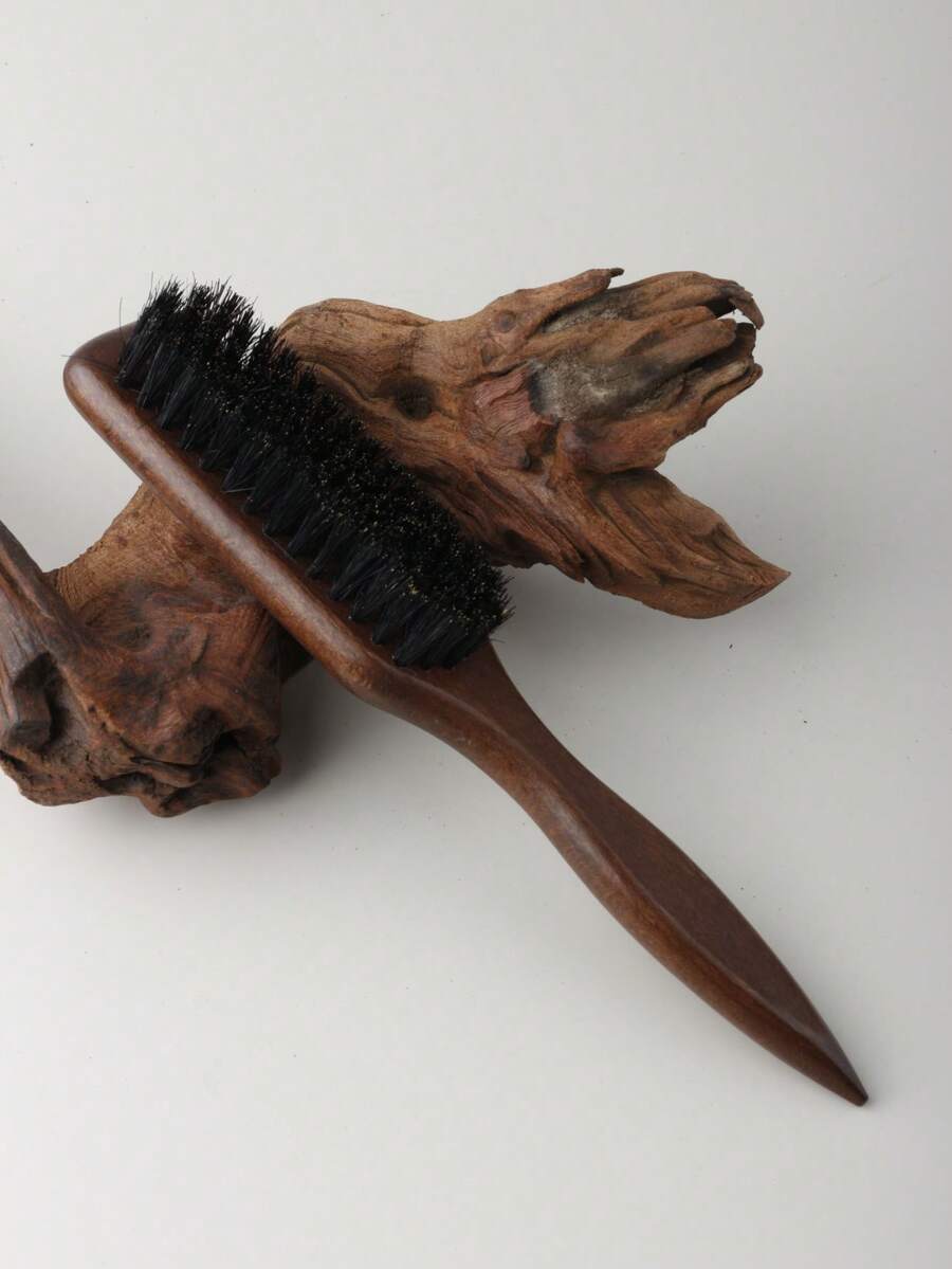1pc Brown Wooden Bristle Brush, Multifunctional Grooming Brush For Women's Hair, Men's Beard & Mustache Styling, Cleaning Dust And Shoes