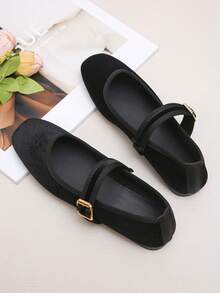 大码 EU 35-43 复古玛丽珍鞋，新款春秋时尚黑色天鹅绒搭扣低帮方头平底鞋，舒适软底女士芭蕾平底鞋，适合日常、工作、通勤、驾车、度假穿着 - 黑色 - 查看 8