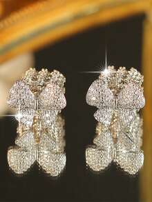 1pair Fantasy Bow Platinum Plated Stud Earrings Exquisite Hollow Out Cube Cubic Zirconia Earring For Women Daily Commute Dating Christmas Wedding Gift Copper Jewelry - Silver - View 11