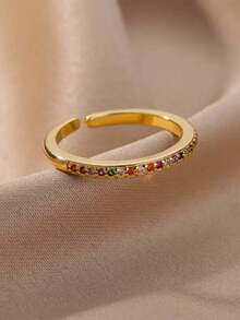 1枚奢华彩色锆石不锈钢可调节戒指，彩虹色开口戒指，女士款，18K镀金防褪色，适合度假、婚礼、派对、日常佩戴、生日礼物等多种场合。 - 不銹鋼戒指 - 查看 19