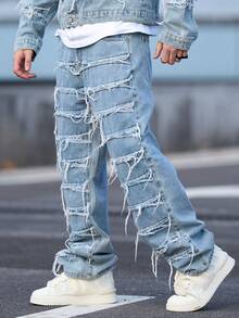Men's Retro Slim Fit Fashionable Embroidered Patchwork Straight Leg Jeans - Blue - View 3