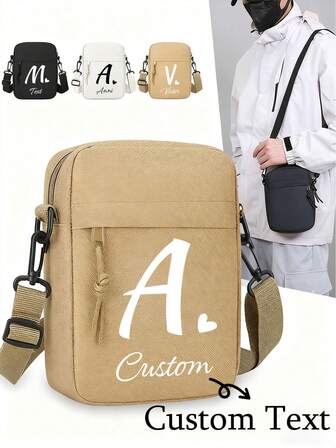 1PC Customized Fashionable Minimalist Solid Color Shoulder Bag,Custom 26 Initials Print,Front Zip Solid Color Square With Adjustable Shoulder Strap Bag For Men Women,Daily Versatile Casual Nylon Lightweight -Resistant Shoulder Bag