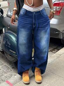 Plus Size Women's Mid-Rise Washed Denim Jeans, Vintage Distressed Non-Stretch Jeans - Dark Wash - View 3