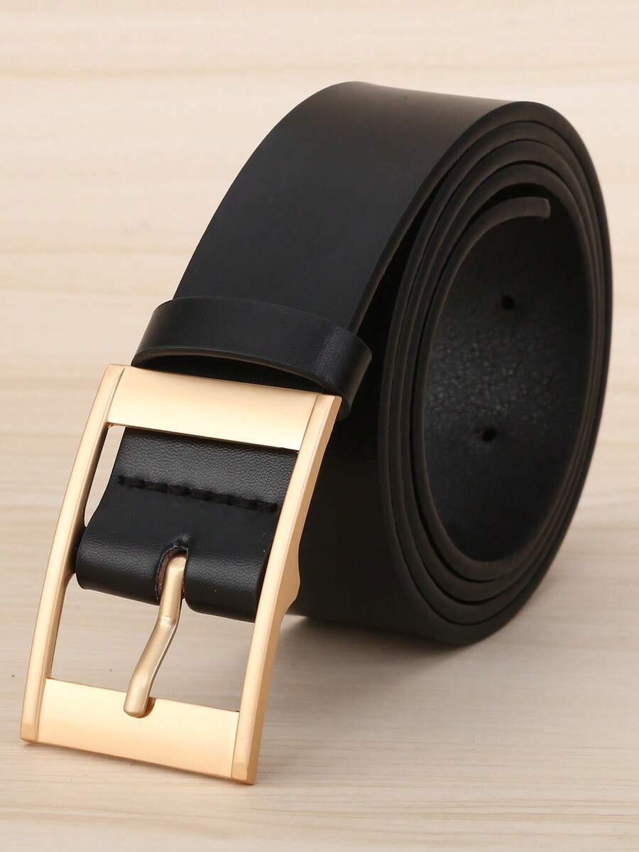 1 pieza Cinturón de piel de PU rectangular de talla grande negro con hebilla dorada, de moda para uso diario, longitud extendida - Dorado - Ver 1